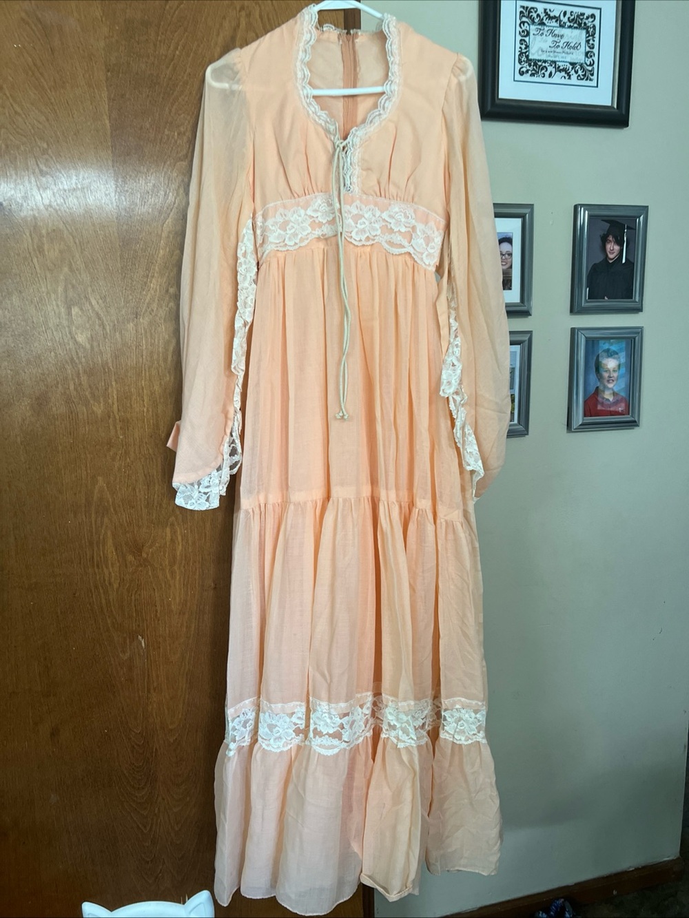 Vintage 1976 Gunne Sax peach chiffon dress with lace trim size 6